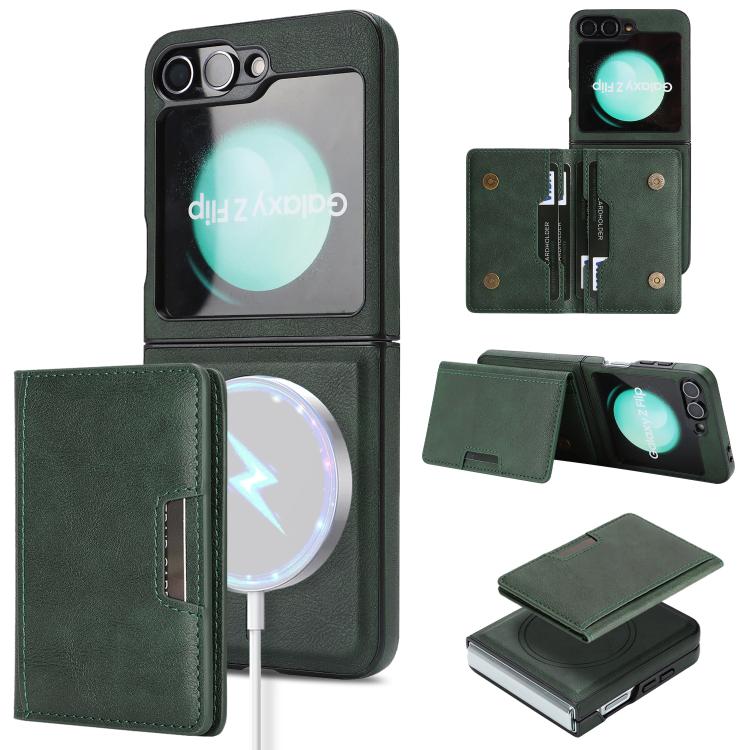 Funda de cuero con adhesivo lateral para Samsung Galaxy Z Flip6, con anillo magnético MagSafe de doble pliegue y fuerte capacidad de carga (verde)