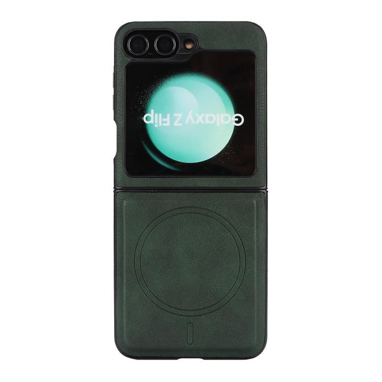 Funda de cuero con adhesivo lateral para Samsung Galaxy Z Flip6, con anillo magnético MagSafe de doble pliegue y fuerte capacidad de carga (verde)