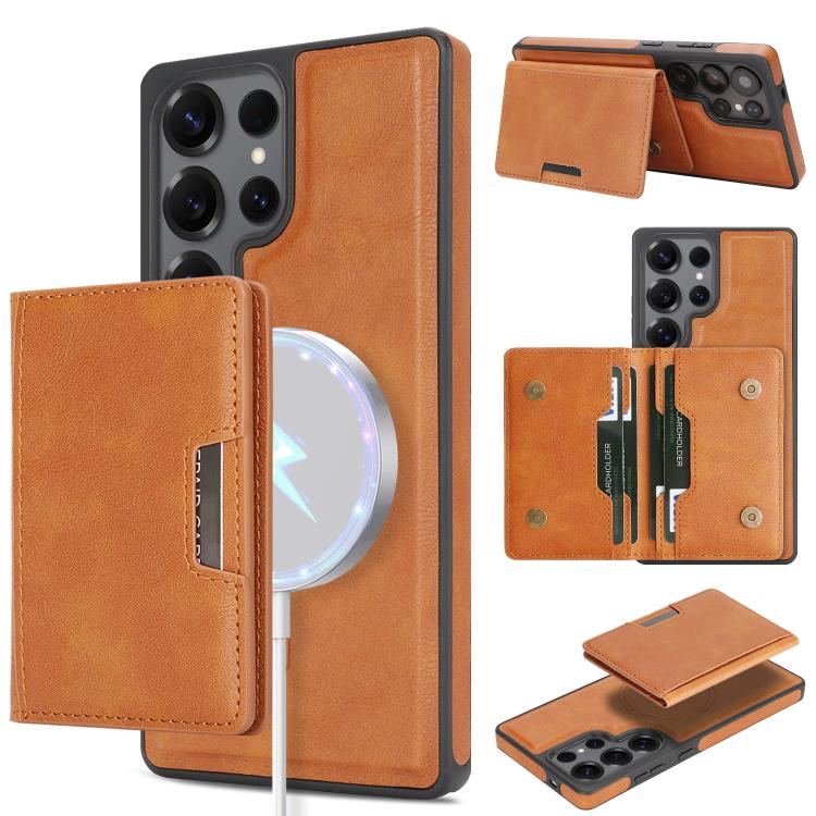 Funda de cuero con adhesivo lateral para Samsung Galaxy S24 Ultra, con anillo magnético MagSafe de doble pliegue y fuerte capacidad de carga (marrón)