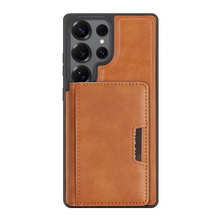 Funda de cuero con adhesivo lateral para Samsung Galaxy S24 Ultra, con anillo magnético MagSafe de doble pliegue y fuerte capacidad de carga (marrón)