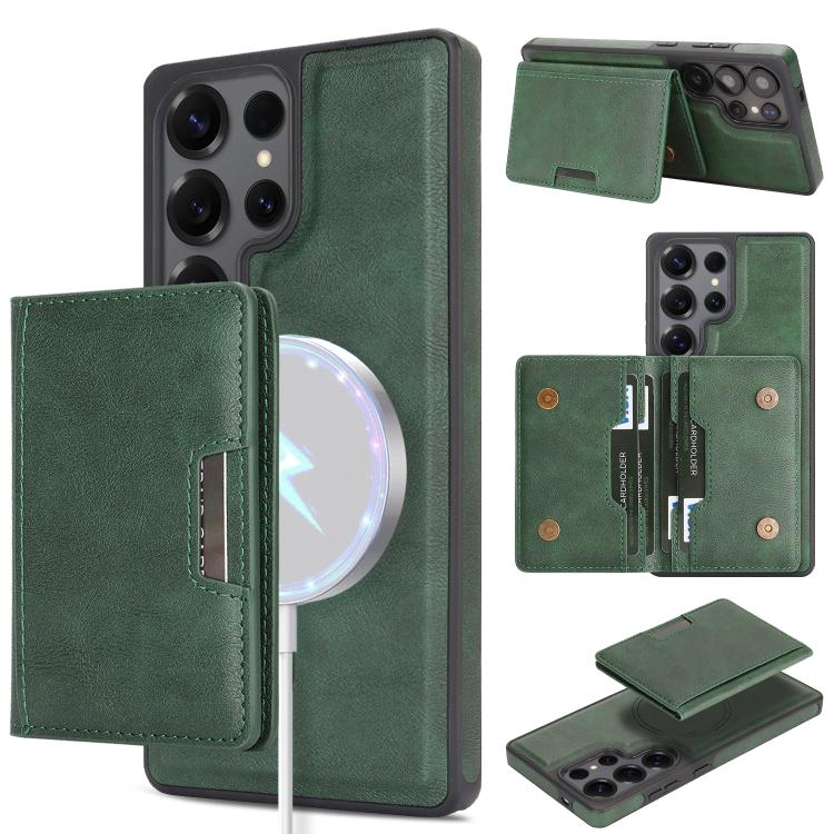 Funda de cuero con adhesivo lateral para Samsung Galaxy S24 Ultra, con anillo magnético MagSafe de doble pliegue y fuerte capacidad de carga (verde)