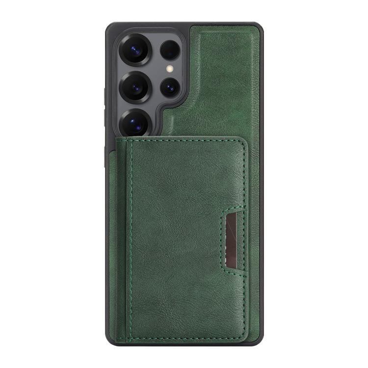 Funda de cuero con adhesivo lateral para Samsung Galaxy S24 Ultra, con anillo magnético MagSafe de doble pliegue y fuerte capacidad de carga (verde)