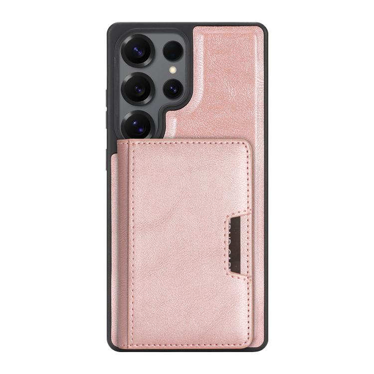 Funda de cuero con adhesivo lateral para Samsung Galaxy S24 Ultra, con anillo magnético MagSafe de doble pliegue y fuerte capacidad de carga (rosa y dorado)