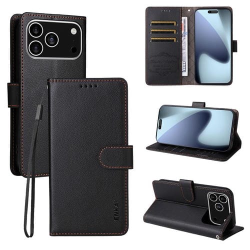 ENKAY - Funda de piel con textura de lichi y bloqueo RFID para iPhone 17 Pro (negra)