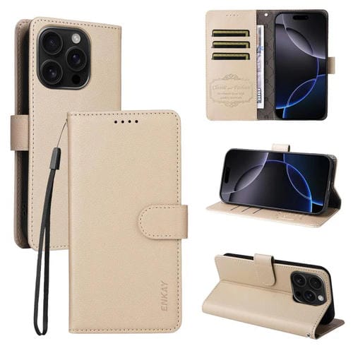 ENKAY - Funda de piel con textura de lichi y función atril para iPhone 16 Pro Max (beige)