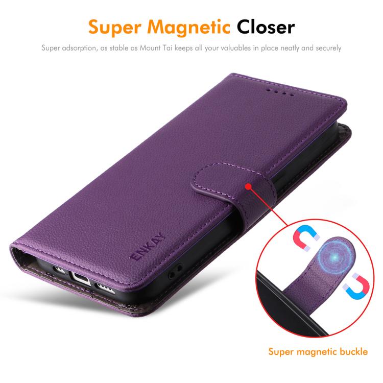 ENKAY - Funda de piel con textura de lichi y bloqueo RFID para iPhone 16 (marrón)