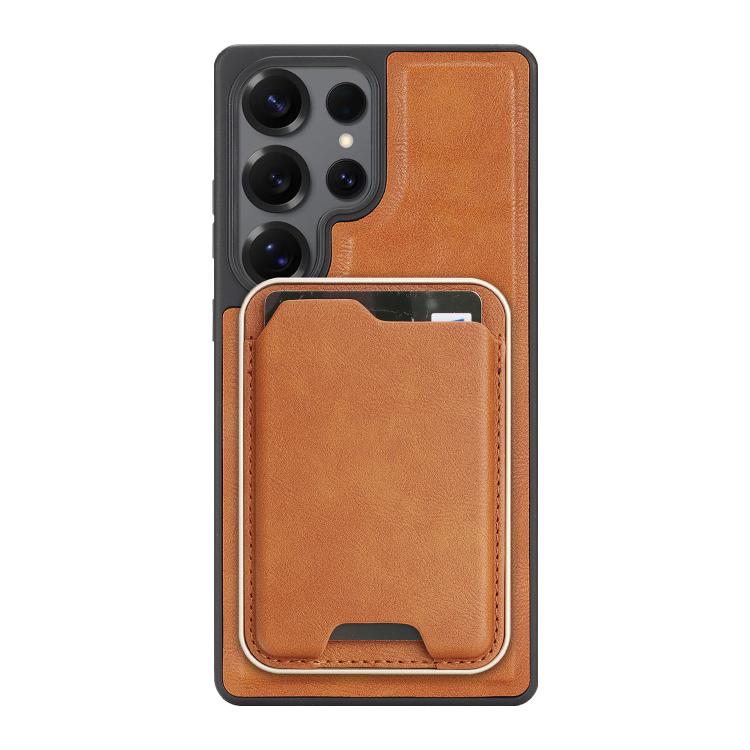 Funda de cuero con etiqueta lateral para Samsung Galaxy S25 Ultra 5G, Kalebol Slim MagSafe Ring, con tarjeta magnética y anillo (marrón)