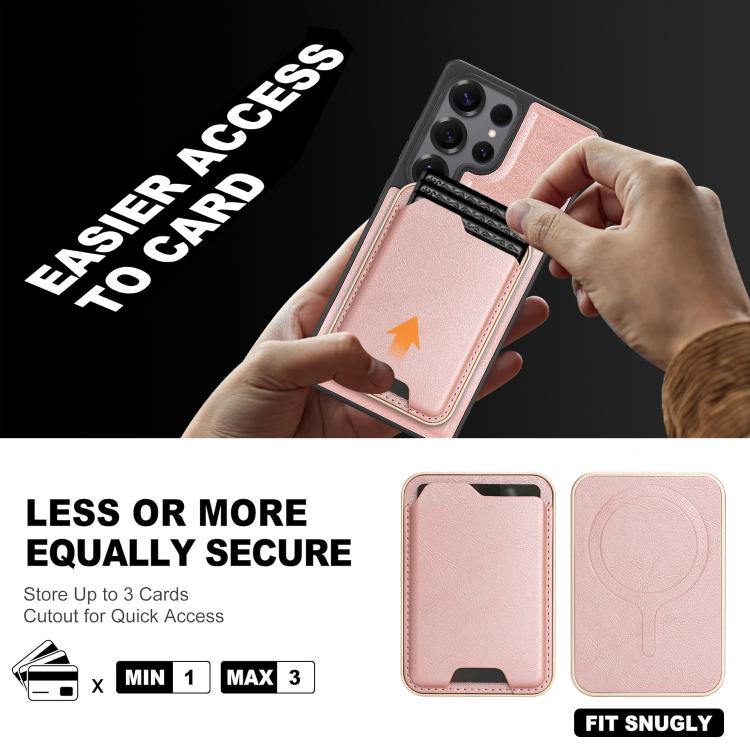 Funda de cuero con anillo magnético Kalebol Slim MagSafe para Samsung Galaxy S25 Ultra 5G, con adhesivo lateral y ranuras para tarjetas (oro rosa)
