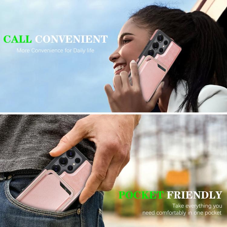 Funda de cuero con anillo magnético Kalebol Slim MagSafe para Samsung Galaxy S25 Ultra 5G, con adhesivo lateral y ranuras para tarjetas (oro rosa)