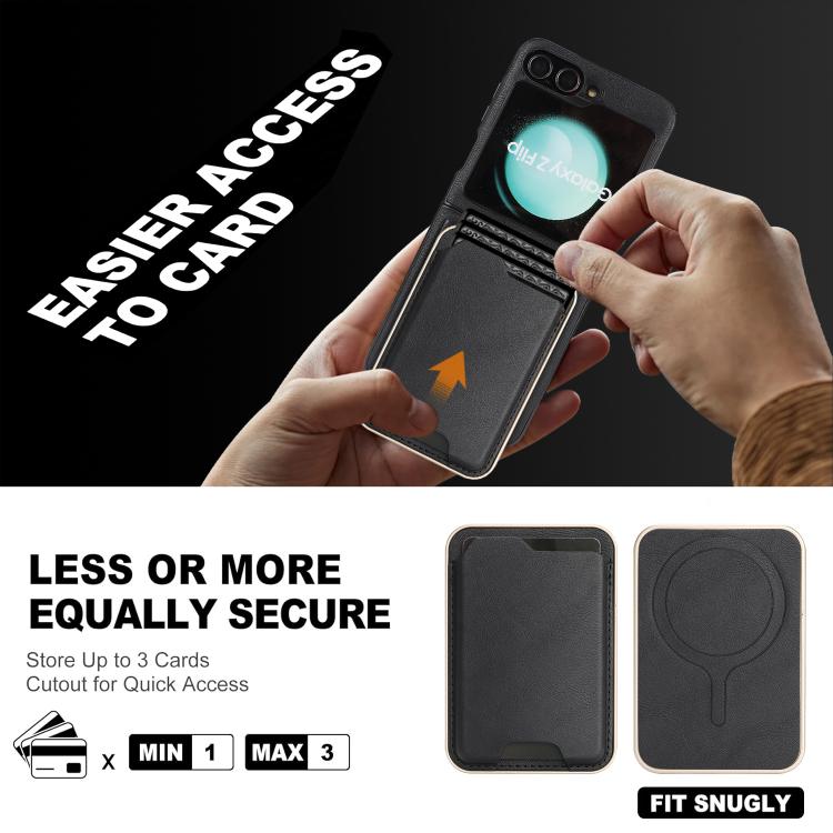 Funda de cuero con adhesivo lateral para Samsung Galaxy Z Flip6, con anillo magnético Kalebol Slim MagSafe y tarjeta, color negro