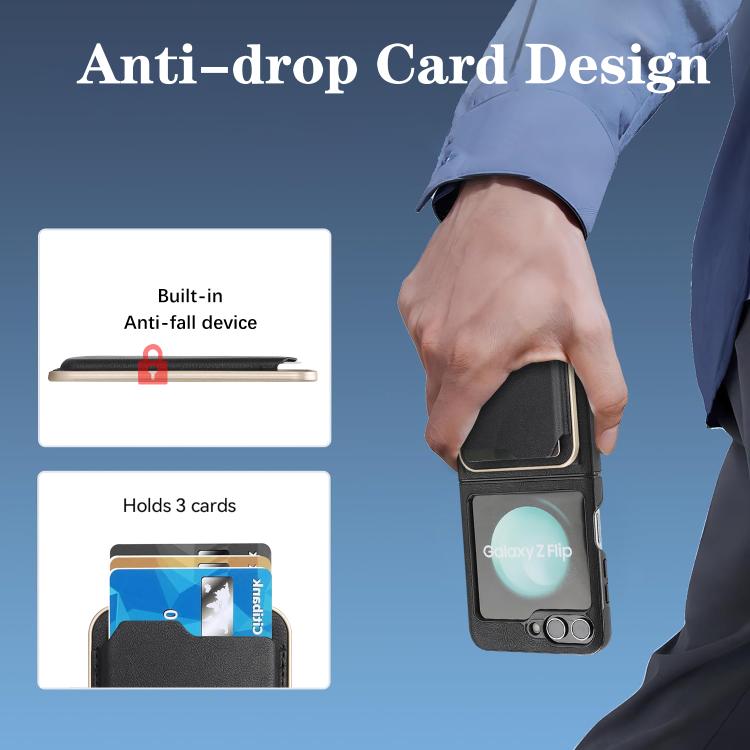 Funda de cuero con adhesivo lateral para Samsung Galaxy Z Flip6, con anillo magnético Kalebol Slim MagSafe y tarjeta, color negro