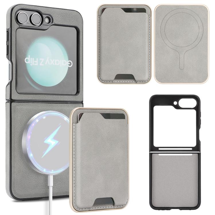 Funda de cuero con adhesivo lateral para Samsung Galaxy Z Flip6, con anillo magnético Kalebol Slim MagSafe y tarjetero (gris)
