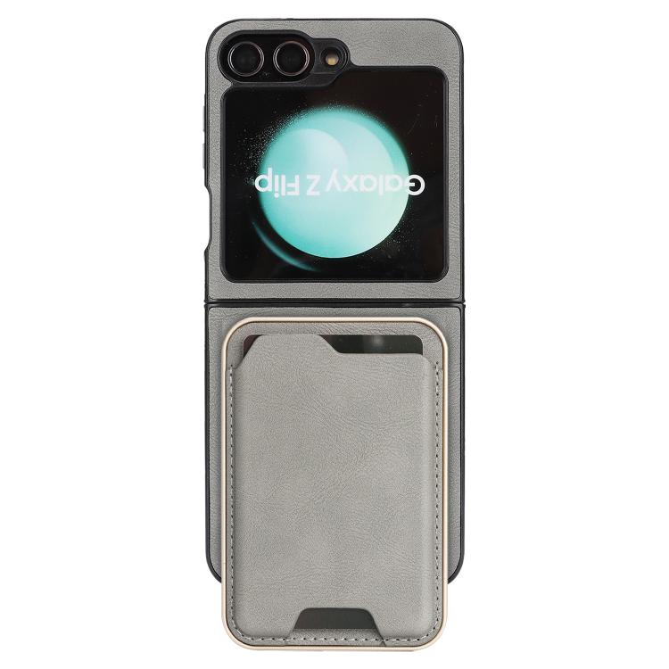 Funda de cuero con adhesivo lateral para Samsung Galaxy Z Flip6, con anillo magnético Kalebol Slim MagSafe y tarjetero (gris)