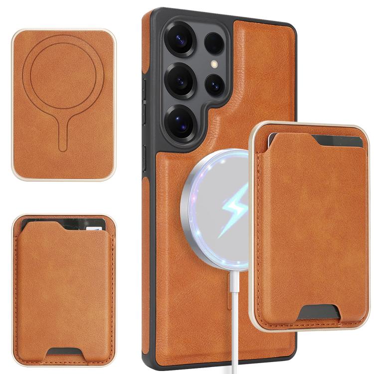 Funda de cuero con etiqueta lateral para Samsung Galaxy S24 Ultra 5G, Kalebol Slim MagSafe Ring, con tarjeta magnética y anillo (marrón)