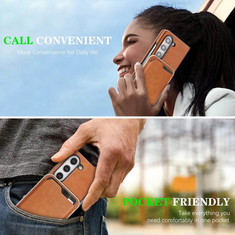 Funda de cuero con etiqueta lateral para Samsung Galaxy Z Fold5, Kalebol Slim MagSafe Ring, con tarjeta magnética y anillo (marrón)
