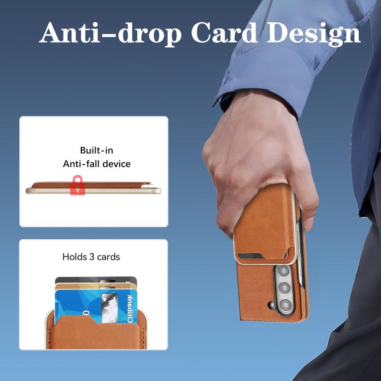 Funda de cuero con etiqueta lateral para Samsung Galaxy Z Fold5, Kalebol Slim MagSafe Ring, con tarjeta magnética y anillo (marrón)