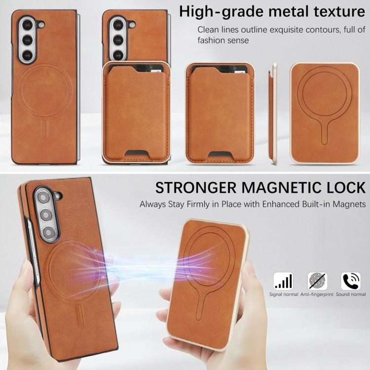 Funda de cuero con etiqueta lateral para Samsung Galaxy Z Fold5, Kalebol Slim MagSafe Ring, con tarjeta magnética y anillo (marrón)