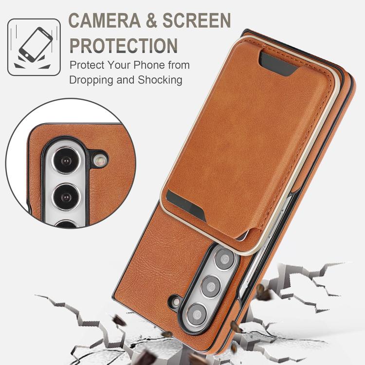 Funda de cuero con etiqueta lateral para Samsung Galaxy Z Fold5, Kalebol Slim MagSafe Ring, con tarjeta magnética y anillo (marrón)