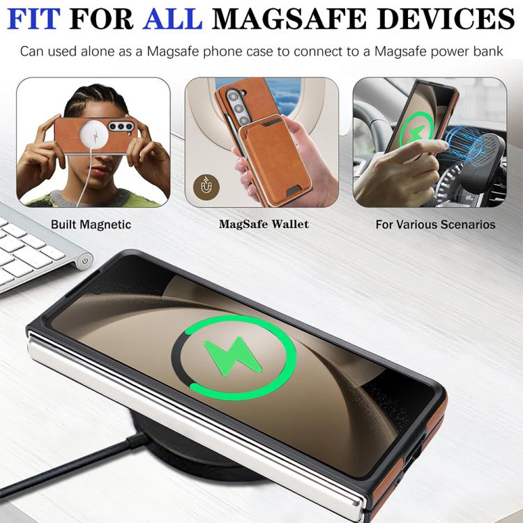 Funda de cuero con etiqueta lateral para Samsung Galaxy Z Fold5, Kalebol Slim MagSafe Ring, con tarjeta magnética y anillo (marrón)