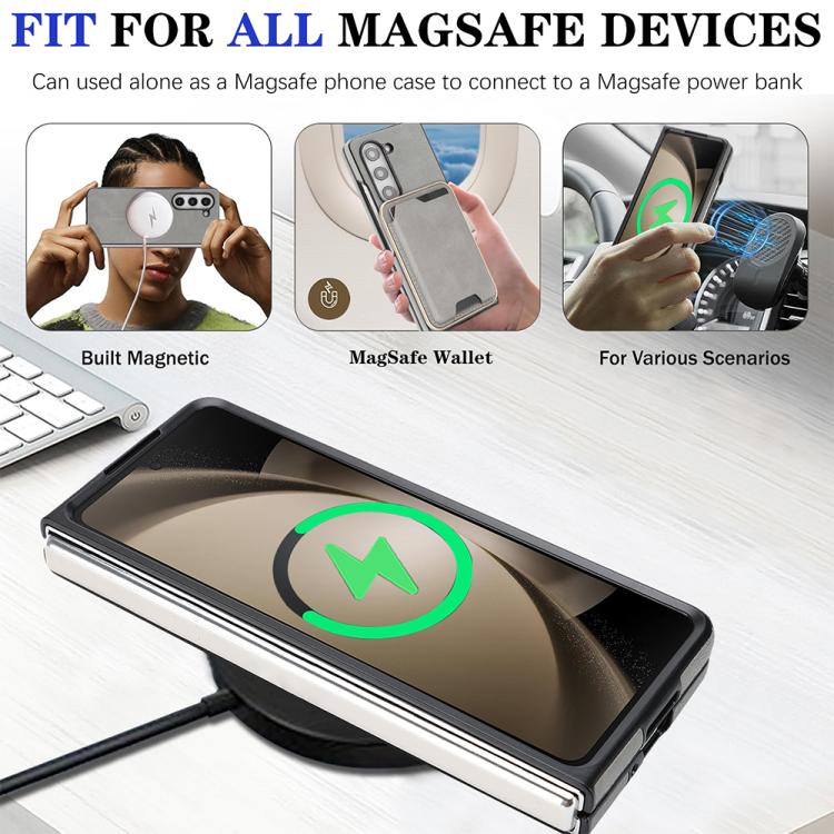 Funda de cuero con etiqueta lateral para Samsung Galaxy Z Fold5, Kalebol Slim MagSafe Ring, con tarjeta magnética y anillo (gris)