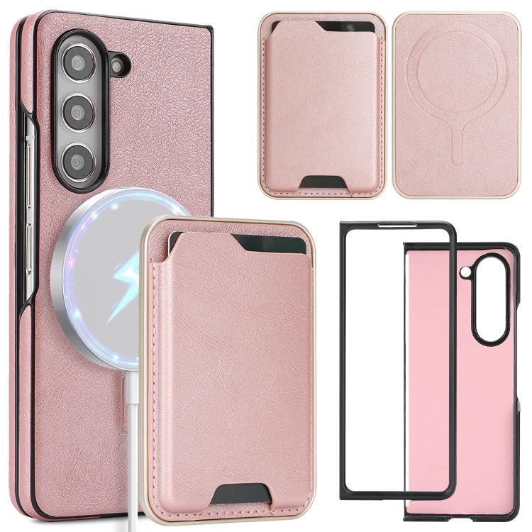 Funda de cuero con etiqueta lateral para Samsung Galaxy Z Fold5, con anillo magnético Kalebol Slim MagSafe y tarjetero (oro rosa)