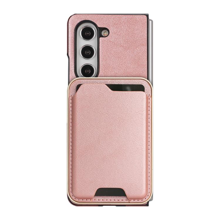 Funda de cuero con etiqueta lateral para Samsung Galaxy Z Fold5, con anillo magnético Kalebol Slim MagSafe y tarjetero (oro rosa)