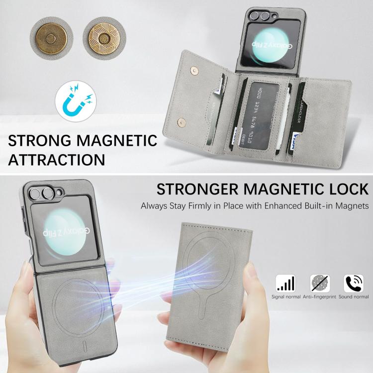 Funda de cuero con tres pliegues y adhesivo lateral para Samsung Galaxy Z Flip6 (gris)