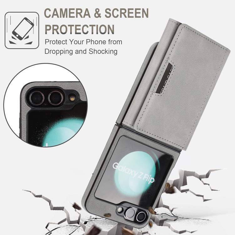 Funda de cuero con tres pliegues y adhesivo lateral para Samsung Galaxy Z Flip6 (gris)
