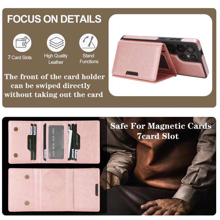 Funda de cuero con tres pliegues y adhesivo lateral para Samsung Galaxy S24 Ultra 5G (rosa y dorado)