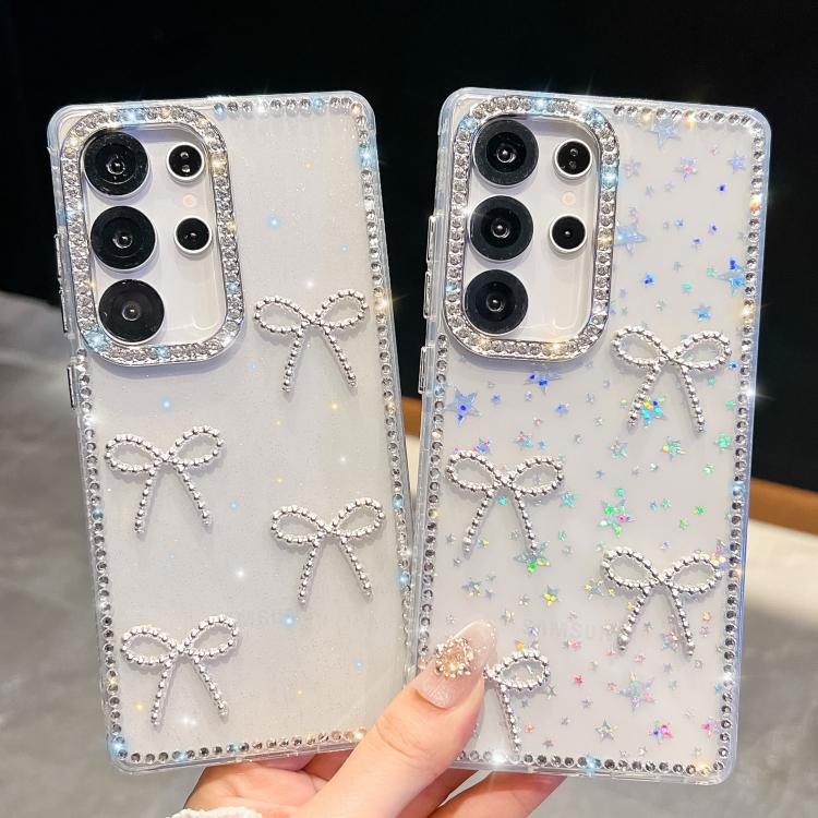 Funda antigolpes con lazo de cuatro esquinas y purpurina de diamante para Samsung Galaxy A35 5G (Estrellas transparentes)