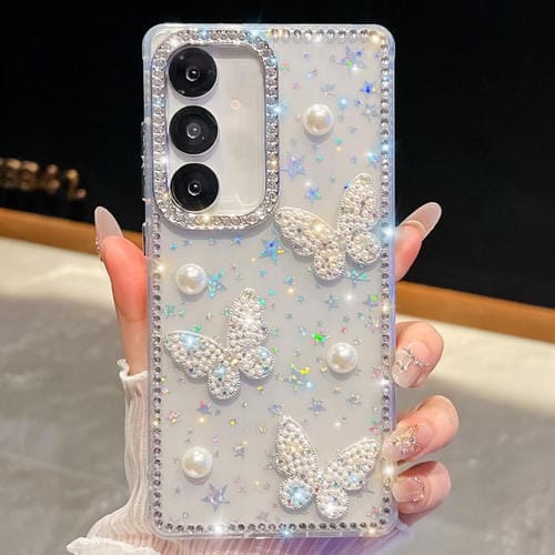 Funda para Samsung Galaxy S25 5G con diseño de mariposa, purpurina y diamantes en las cuatro esquinas (estrellas transparentes)