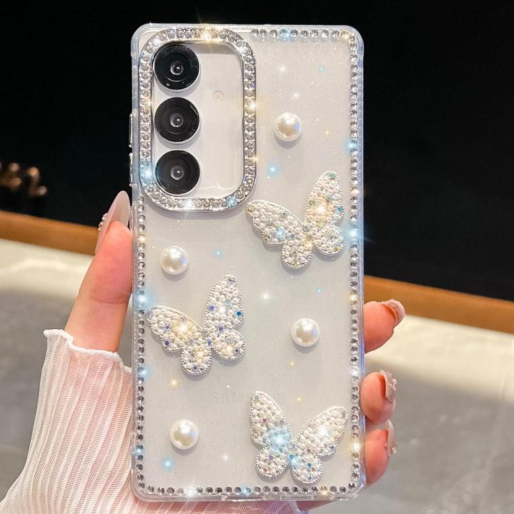 Funda transparente para Samsung Galaxy S24+ 5G con diseño de mariposa, con purpurina y diamantes en las cuatro esquinas, a prueba de golpes (transparente)