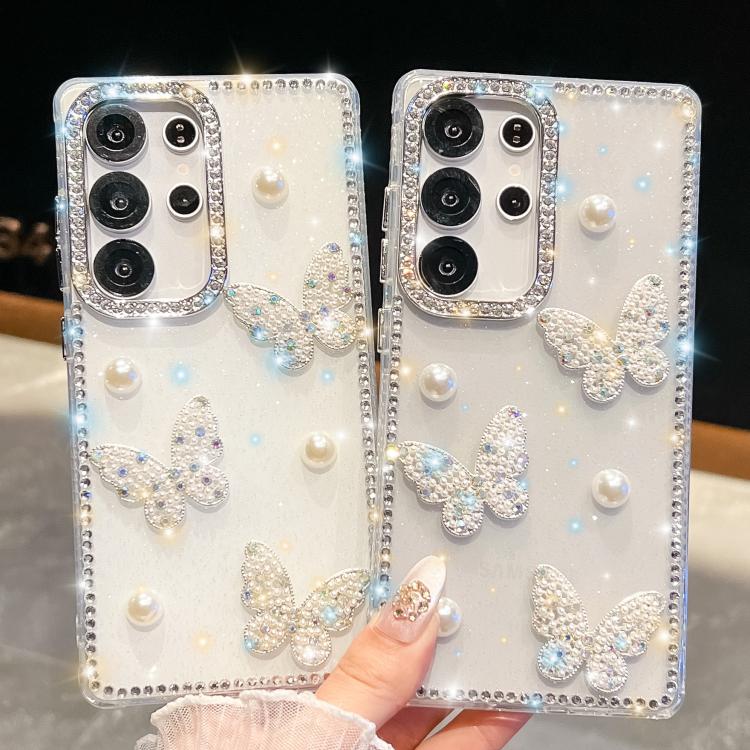 Funda para Samsung Galaxy S25 5G con diseño de mariposa, con purpurina y diamantes, a prueba de golpes (blanca)