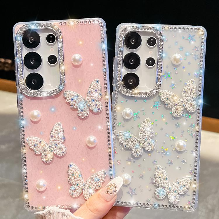 Funda transparente para Samsung Galaxy A15 5G con diseño de mariposa, con purpurina y diamantes en las cuatro esquinas, a prueba de golpes