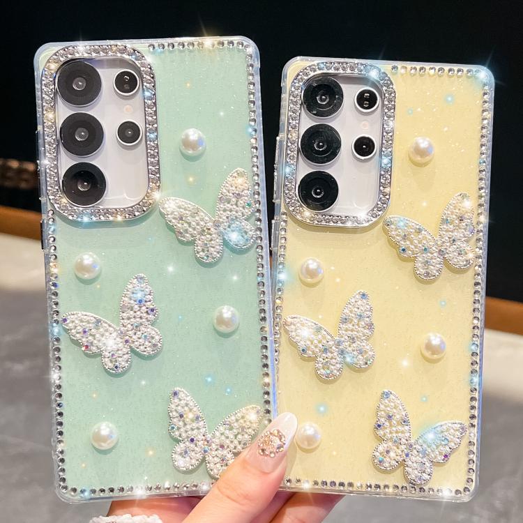 Funda transparente para Samsung Galaxy A26 5G con diseño de mariposa, con purpurina y diamantes en las cuatro esquinas, a prueba de golpes (transparente)