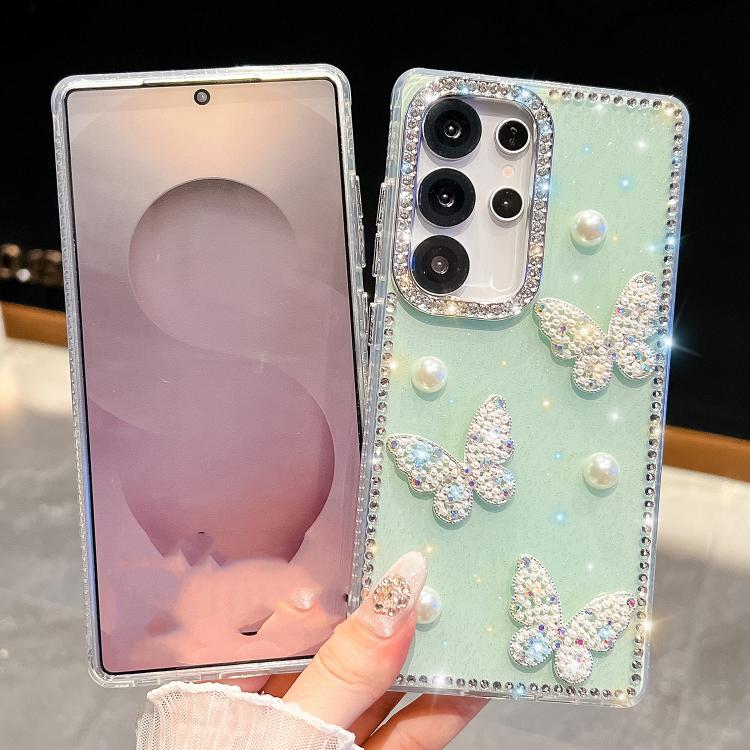 Funda transparente para Samsung Galaxy A15 5G con diseño de mariposa, con purpurina y diamantes en las cuatro esquinas, a prueba de golpes