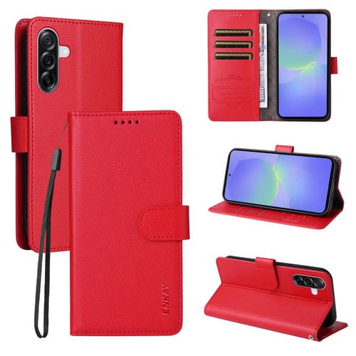 ENKAY - Funda de piel con textura de lichi y función atril para Samsung Galaxy A56 5G (color rojo)