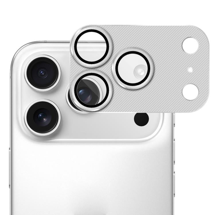 Película protectora de lente de vidrio templado ENKAY con textura de CD y aleación de aluminio para iPhone 17 Pro Max (plateada)