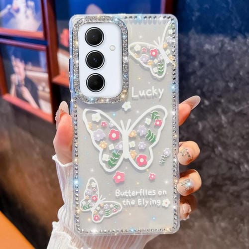 Funda a prueba de golpes con diseño de mariposa y brillo de diamante para Samsung Galaxy A55 5G (Flor Mariposa B3)