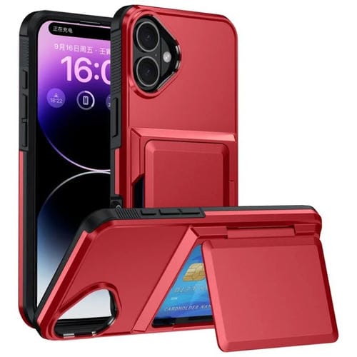 Funda abatible para iPhone 16 con tarjetero, a prueba de golpes, color rojo