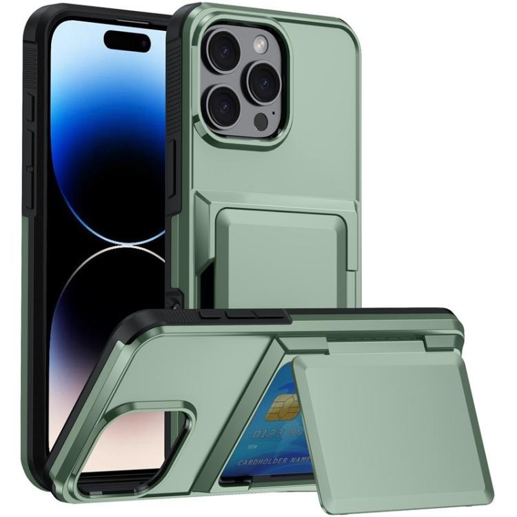 Funda a prueba de golpes Kalebol Flip Card Wallet para iPhone 14 Pro (verde militar)