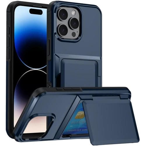 Funda a prueba de golpes con tarjetero y tapa Kalebol para iPhone 14 Pro Max (azul)