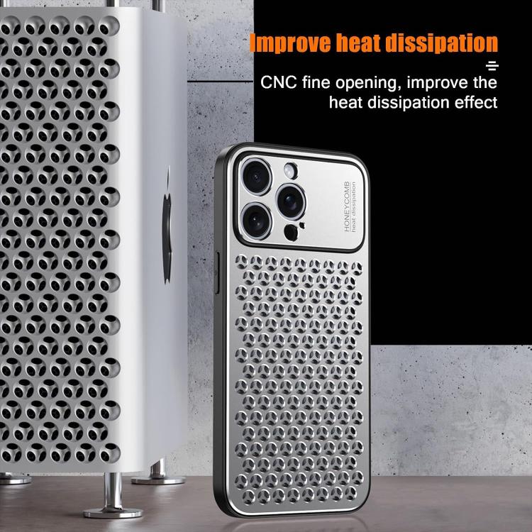 Funda hueca transpirable y refrescante de metal Kalebol para iPhone 14 (plateada)