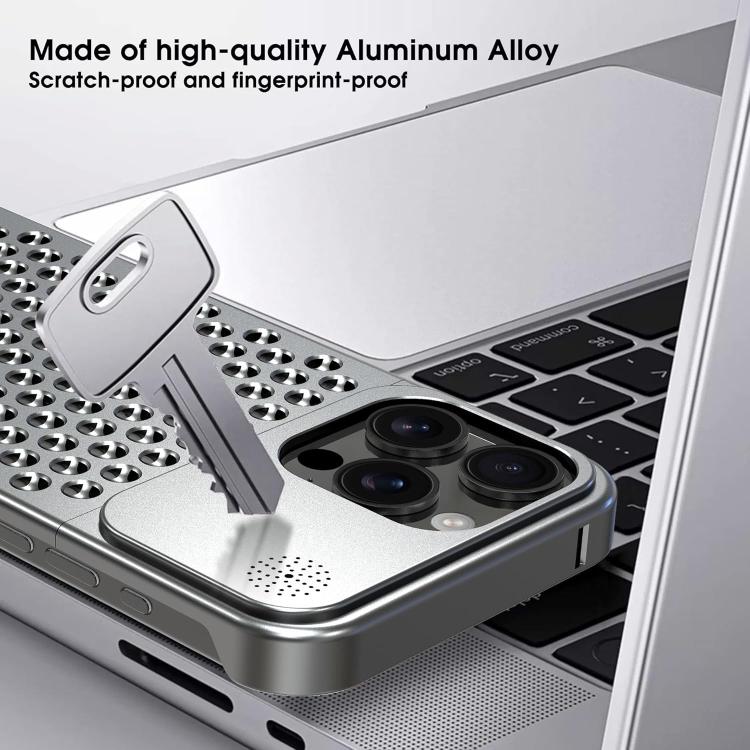 Funda de aleación de aluminio Kalebol con aromaterapia y refrigeración para iPhone 16 Pro (gris)