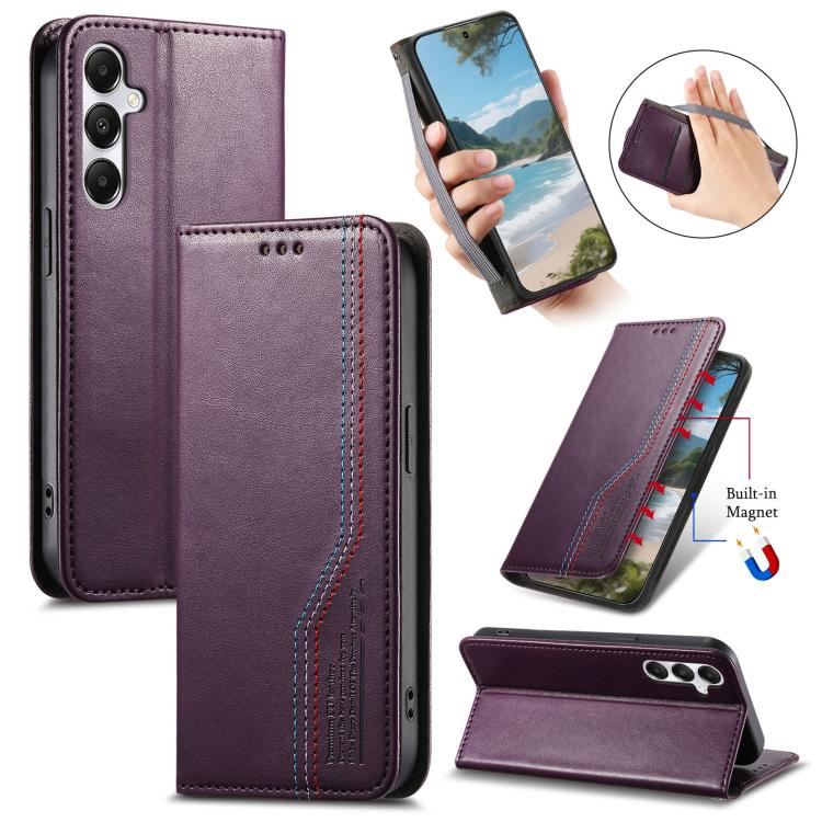 Funda de cuero con correa elástica y ventosa magnética para Samsung Galaxy A36 5G (morado)