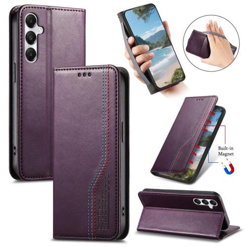 Funda de cuero con correa elástica y ventosa magnética para Samsung Galaxy A15 (morado)