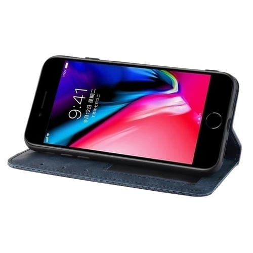 Funda de Cuero iPhone SE 2022 SE 2020 Hebilla Magnética Retro Textura Crazy Horse Tapa Horizontal Soporte Ranuras Tarjetas Marco Fotos (Azul)