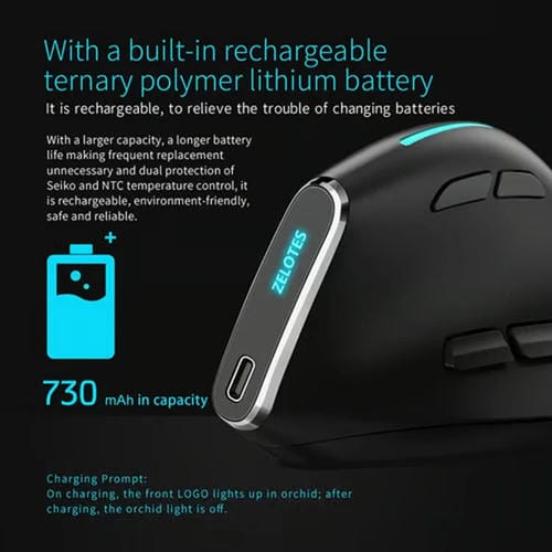 Ratón Inalámbrico Zelotes F36 9 Teclas Agarre Vertical Programación Ergonómica Bluetooth Dual + 2,4 G (Blanco)