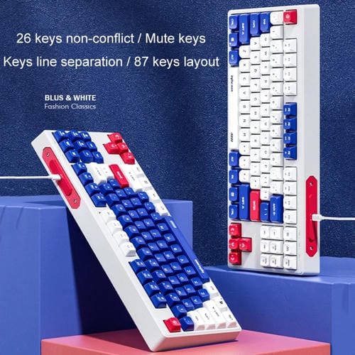 Teclado Mecánico con Cable Inphic K902 de 87 Teclas con Luz y Silencio para Juegos, Oficina y Hogar (Blanco y Azul)