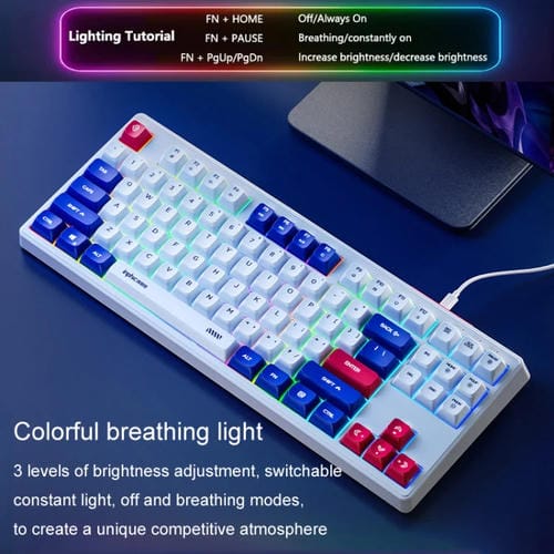 Teclado Mecánico con Cable Inphic K902 de 87 Teclas con Luz y Silencio para Juegos, Oficina y Hogar (Blanco y Azul)